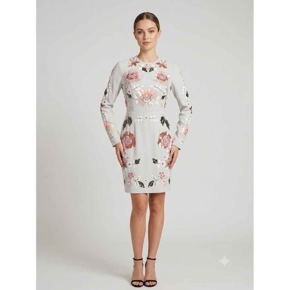 Needle & Thread designer Floral Sequin Long Sleeve Mini Dress Grey Pink Size 4